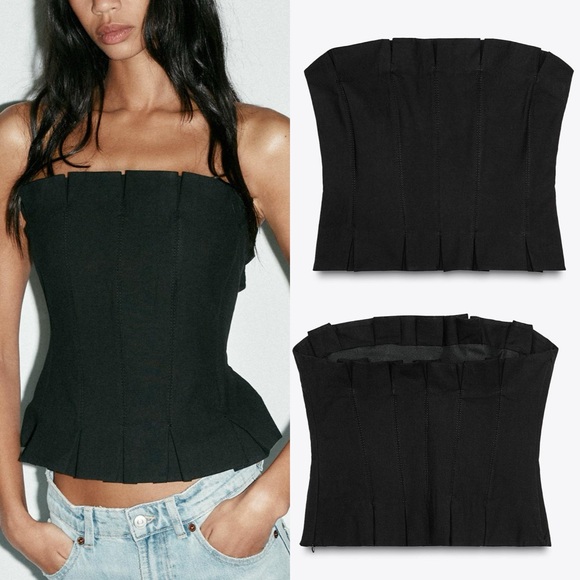 Zara NWT black pleated bandeau strapless top - Picture 1 of 8